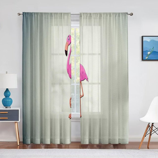 Transparenter Chiffon-Vorhang mit Flamingo- und Kirschblüten-Motiv in Pink, Breite: 100 cm, Höhe: 250 cm - Bild 1