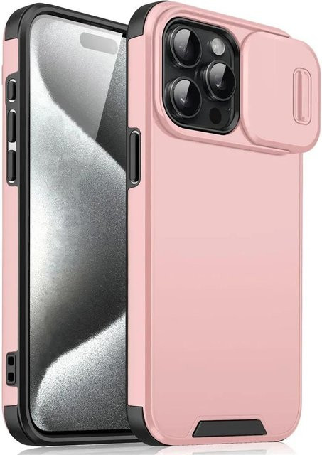 YULIN Stoßfeste Handyhülle mit Schieb-Kameraobjektivschutz für iPhone 11 bis 16 Pro Max Plus, Farbe: Pink - Bild 1