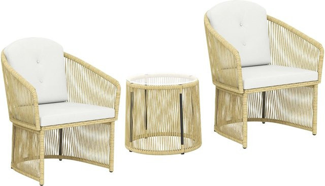 Furnicato 3-teiliges Rattan-Bistro-Set für Garten Terrasse und Balkon mit rundem Glastisch und Sesseln inklusive Kissen in Cremeweiß, Tisch Durchmesser: 62 cm, Sitzhöhe: 45 cm, Tisch Höhe: 76 cm - Bild 1