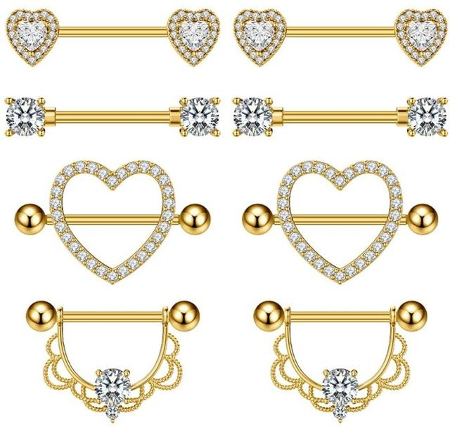 QING LONG Piercing-Set Edelstahl, Gold, Zirkonia, Damen, Herz - Bild 1