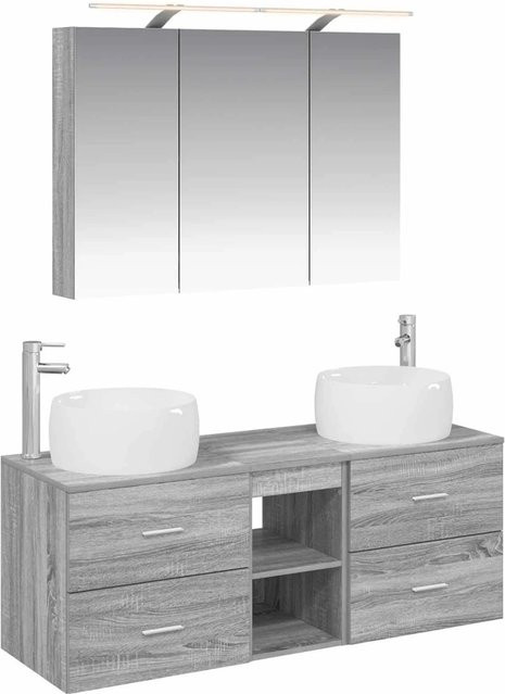 vidaXL Badezimmermöbel-Set 4-teilig in Grau Sonoma, bestehend aus Waschtischunterschrank und Spiegelschrank mit LED-Beleuchtung und Glas, modern und wandmontiert - Bild 1