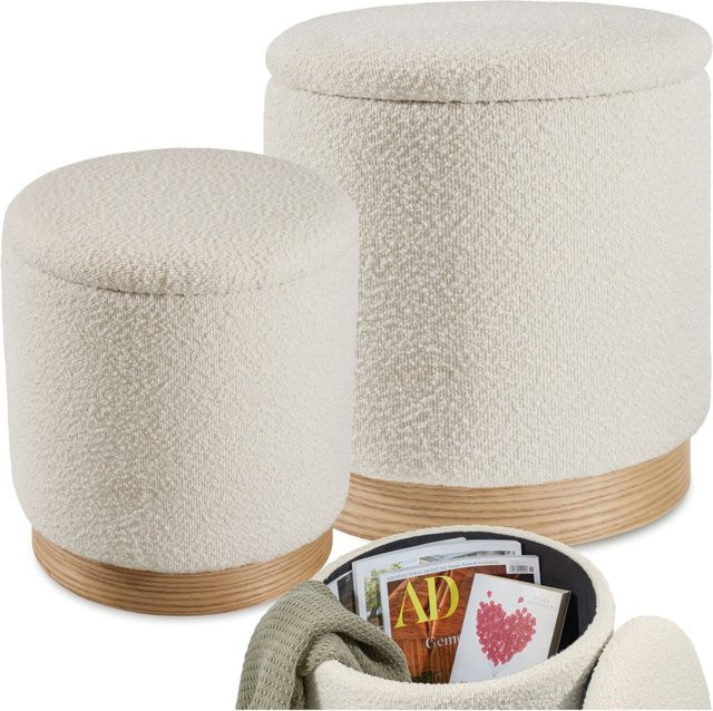 tectake 2er Set Sitzhocker mit Stauraum, rund, gepolstert, Bouclé-Bezug, Beige und Purple, B/T/H: 38 x 38 x 42 cm - Bild 1