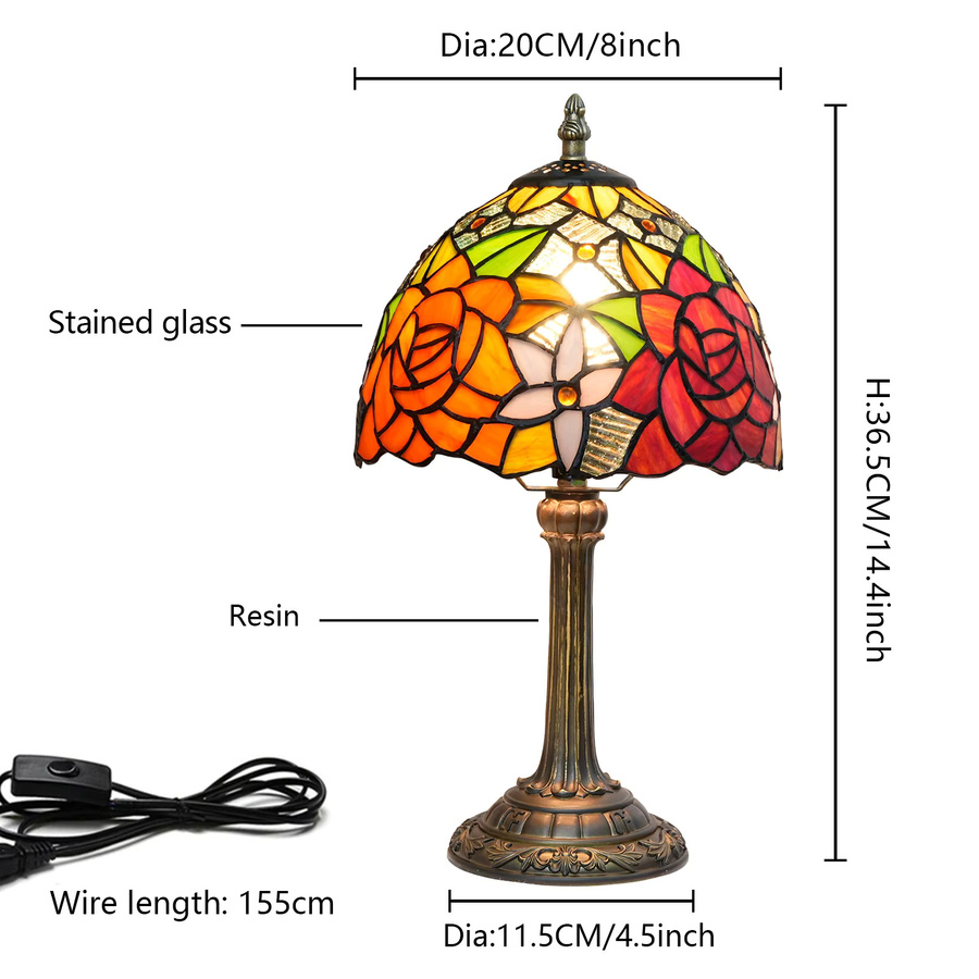 Rose Tiffany Kleine Tischlampe aus Buntglas im Art Nouveau Design, Mehrfarbig, Höhe: 36,5 cm - Bild 4
