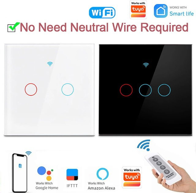 Szaoju WLAN Smart Wand-Touch-Schalter aus Glas in Weiß, kompatibel mit Tuya App, Amazon Alexa und Google Assistant, ohne Neutralleiter, EU-Standard - Bild 1