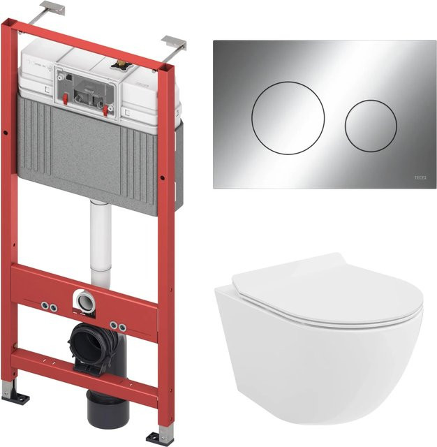 KOLMAN WC-Komplettset mit Vorwandelement und Betätigungsplatte in Weiß und Chrom, Wand-WC aus Keramik mit Rimless-Spülsystem und Soft-Close-Funktion - Bild 1