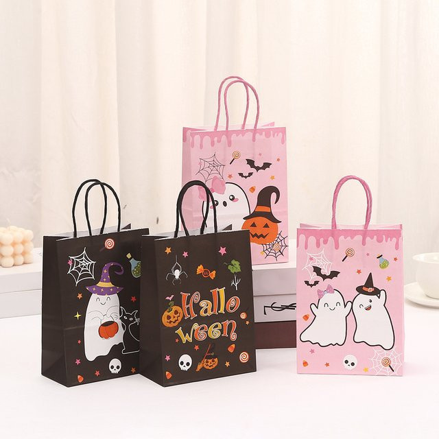 joy-enlife Halloween Geschenktüten aus Papier mit Griffen in Schwarz und Rosa mit Kürbis- und Geistmotiven für Kinder und Partys - Bild 1