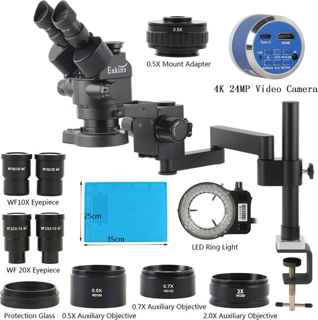 Eakins Trinokulares Stereomikroskop mit 55MP 48MP 4K HDMI USB Videokamera und drehbarem Universalarm-Ständer sowie 3,5X-180X Simulfokaler Zoom - Bild 1