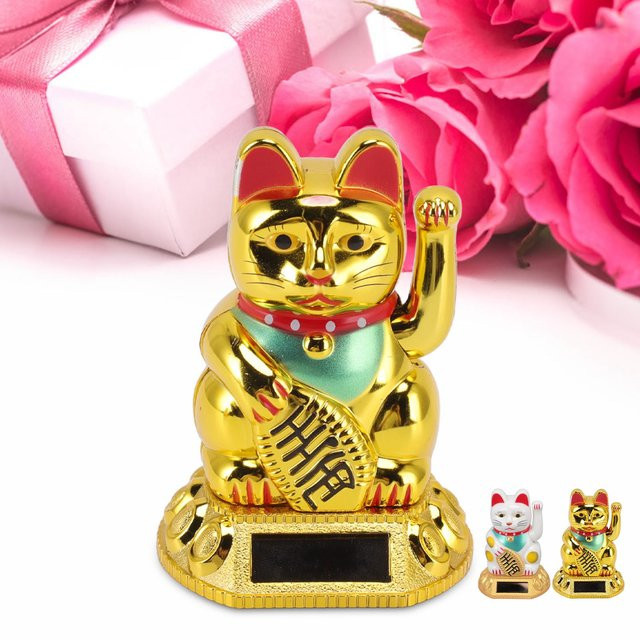 Qiilu Solar Winke-Katze Glückskatze Dekoration in Weiß und Gold für Home und Auto - Bild 1