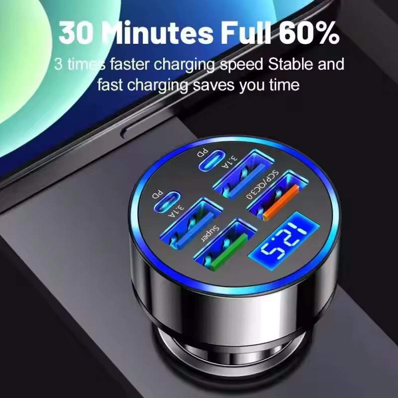 350W USB-Autoladegerät mit 6 Ports, schnelles PD-QC3.0-Ladegerät inklusive USB-C Typ-C Adapter für iPhone, Samsung und Xiaomi - Bild 2