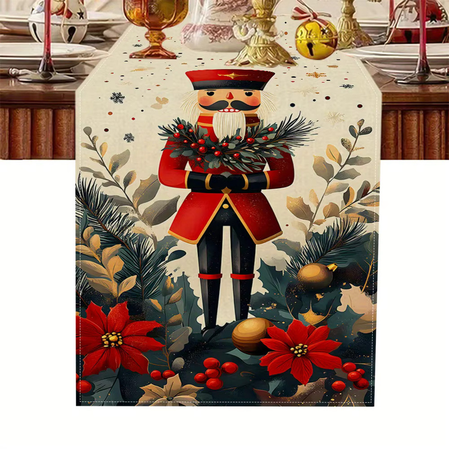 VIKAMA Weihnachts-Tischläufer mit Soldat und Blumenbeerenmuster in Kastanienbraun und Multicolour, Rechteckig, B/T: 90 x 33 cm - Bild 5