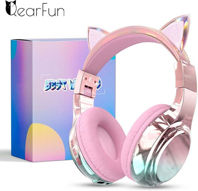 QearFun Bluetooth Katzenohr-Kopfhörer für Kinder und Mädchen mit sicherer Lautstärke, faltbares Headset in Pink oder Purple - Bild 1