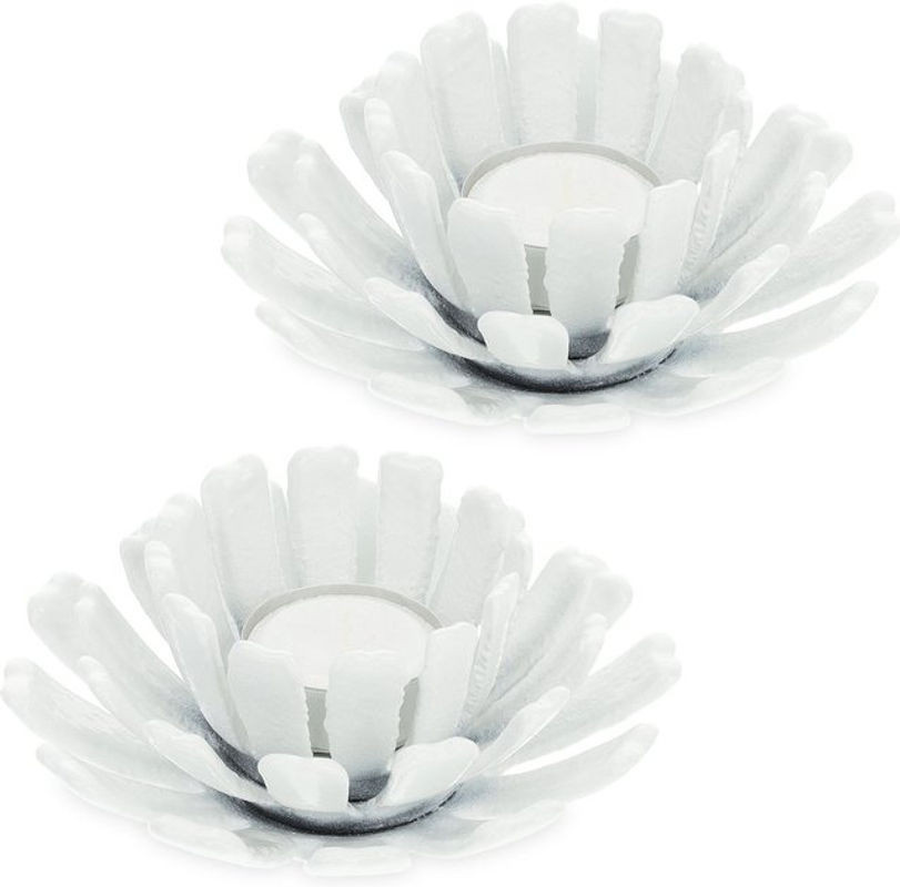Relaxdays Teelichthalter im 2er Set aus Metall in floraler Form, Weiß, H x B: 6 x 13,5 cm - Bild 1