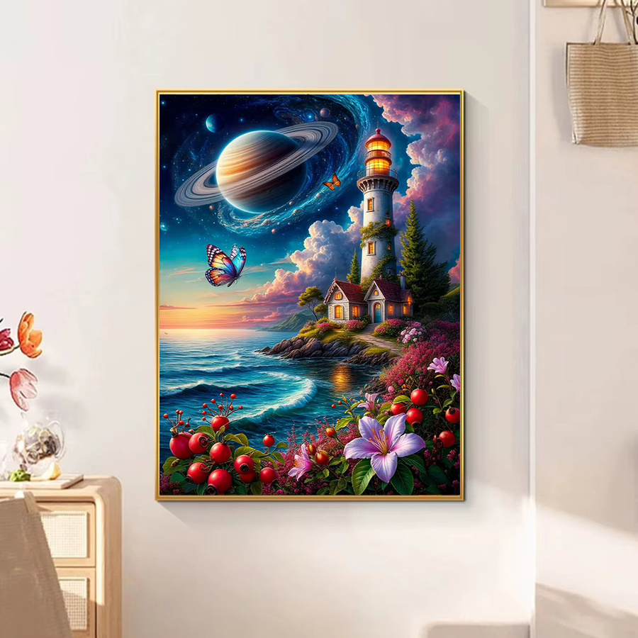 Huacan 5D DIY Diamantmalerei Landschaft mit Turm als runde Stickerei in Multicolour, B/D/H: 30,0 x 30,0 x 2,0 cm - Bild 2