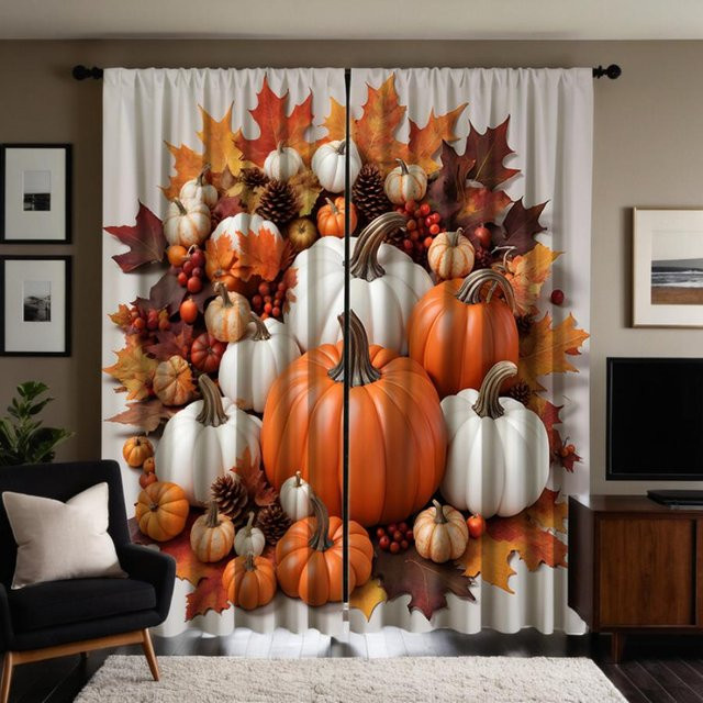 2er-Set Halloween Deko-Vorhang mit Kürbis, Tannenzapfen und Ahornblatt Motiv in Braun, B: 132 cm, H: 160 cm - Bild 1