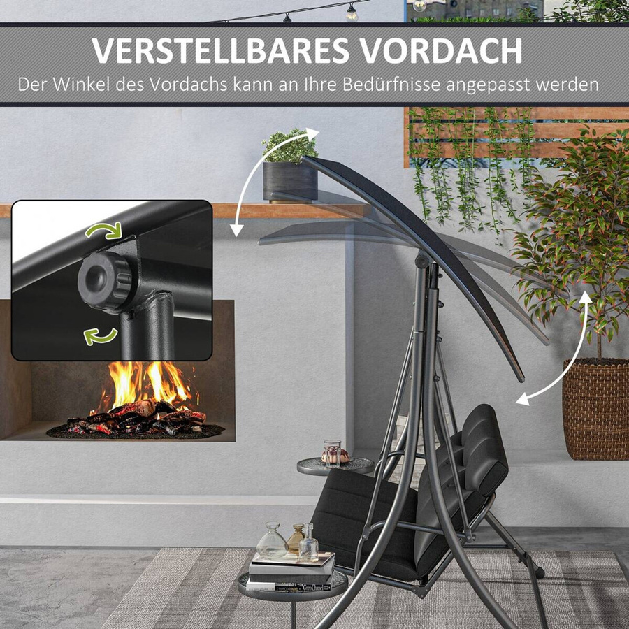 Outsunny Hollywoodschaukel 3-Sitzer mit Sonnendach und Seitentischen in Schwarz, B/T/H: 271 x 125 x 177 cm - Bild 3