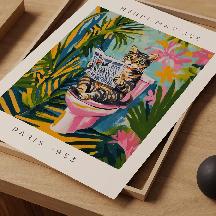Matisse-Stil Poster mit Tabby-Katze auf der Toilette in Rosa und Multicolour, Lustige Badezimmer-Wandkunst mit tropischem Blumenmuster von SHENCHEN - Bild 5