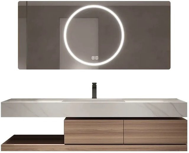 360Home Waschtisch Set mit Sinterstein Waschtischunterschrank und LED Spiegel in Weiß Matt, Breite: 140 cm, Tiefe: 55 cm, Höhe: 76 cm - Bild 1