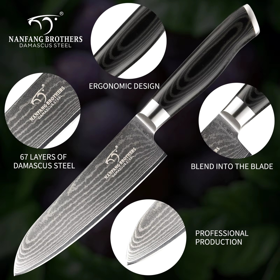 Katisun Santoku Messer aus Damast mit VG10 Klinge und Micarta Griff, 17,78 cm, Silber - Bild 5