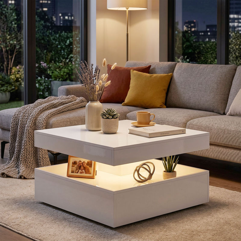 HOMCOM Couchtisch in Weiß mit Hochglanz-Finish und RGB LED Beleuchtung, moderner Wohnzimmertisch mit offener Ablage und Fernbedienung, B/T/H: 78 x 78 x 40 cm - Bild 2