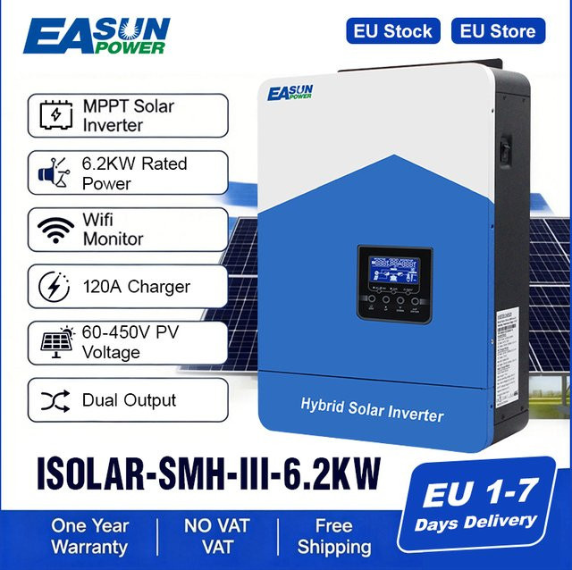Easun Hybrider Wechselrichter 6.2kW/48V 4.2kW/24V MPPT Solar-Ladegerät mit BMS und WiFi in Weiß - Bild 1