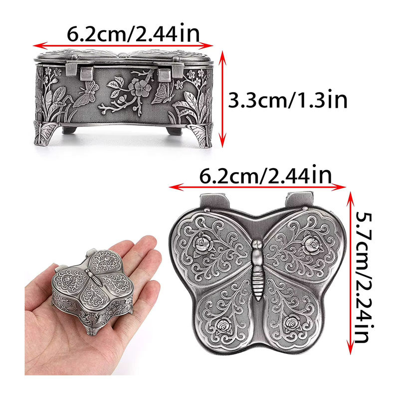 Qiilu Schmuckschatulle aus Zinklegierung in Silber mit Schmetterlings- und Blumenmuster im Vintage-Design - Bild 4