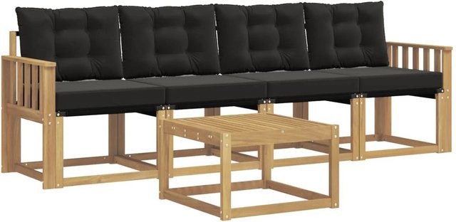vidaXL Outdoor-Sofagarnitur 5-tlg. aus Akazienholz mit Kissen und Couchtisch in Weiß und Schwarz - Bild 1