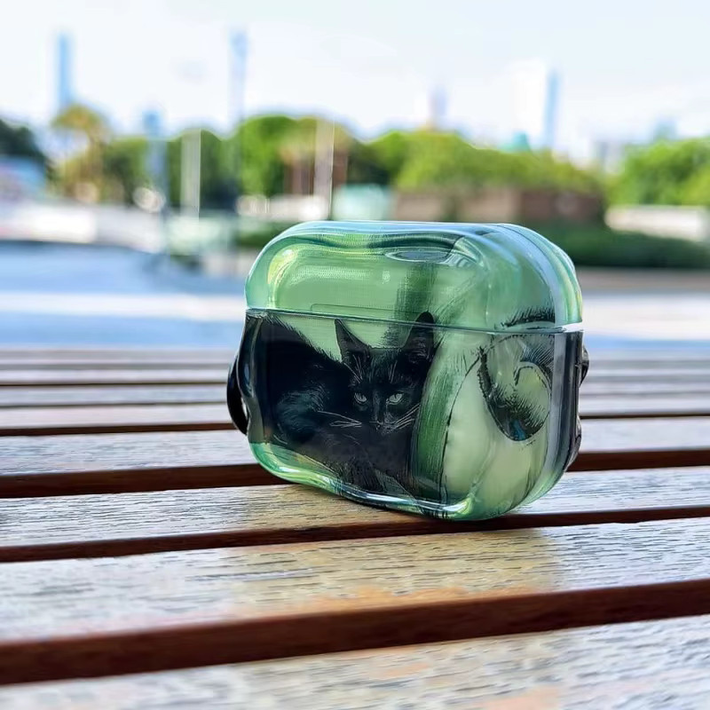 Glänzende Katzenkopfhörerhülle in Mintgrün und Schwarz für Apple AirPods (kompatibel mit AirPods 1, 2, 3, 4, Pro, Pro 2, Pro 3) inklusive schwarzem Schlüsselring - Bild 4