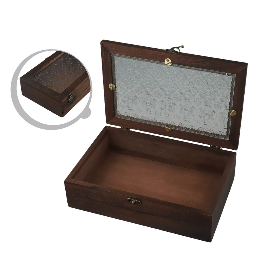 VIBRATITE Schmuckbox aus Massivholz und Glas in Braun mit floralem Design im Retro-Stil - Bild 3