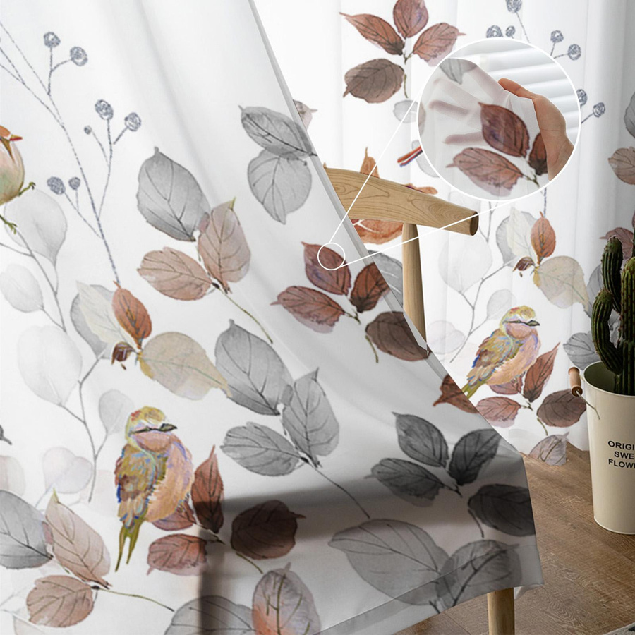 Transparente Vorhänge im Landhausstil mit Blätter- und Rotkehlchen-Motiv von Household supplies MH, Tüll Voile Organza, Breite: 135 cm, Höhe: 115 cm - Bild 2