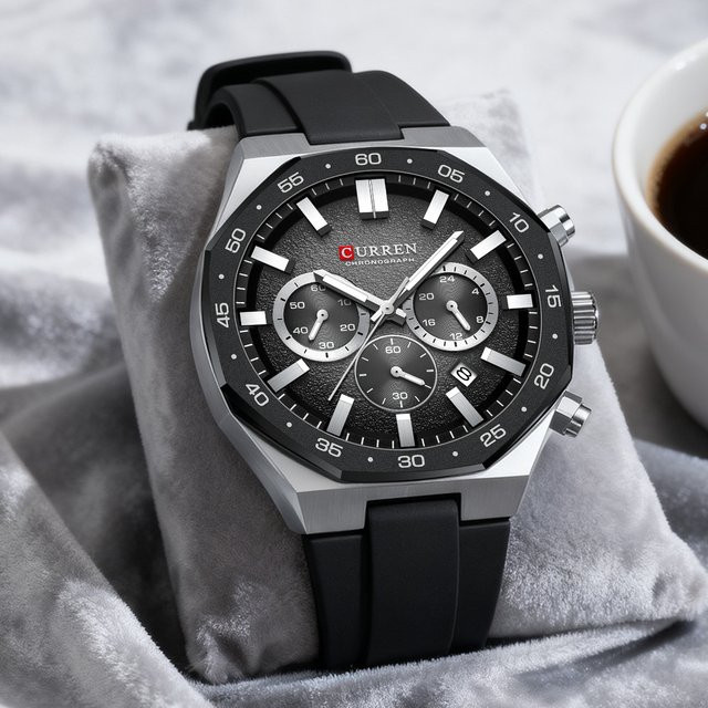 CURREN Chronograph Armbanduhr, Quarz, Silikon, Schwarz, Herren - Bild 1
