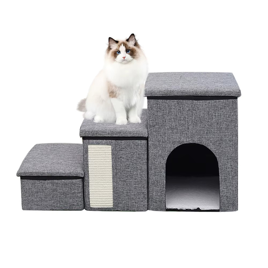 HGTUGO Faltbare Hundetreppe mit 3 Stufen in Grau, rutschfeste Haustiertreppe für Sofa und Bett mit praktischer Aufbewahrung - Bild 3