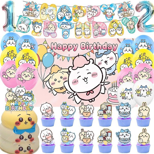 Potdemiel Kawaii C&Chiikawa Geburtstagsparty Dekorationsset mit Banner, Hängenden Ballons und Tortendekoration in Mehrfarbig - Bild 1
