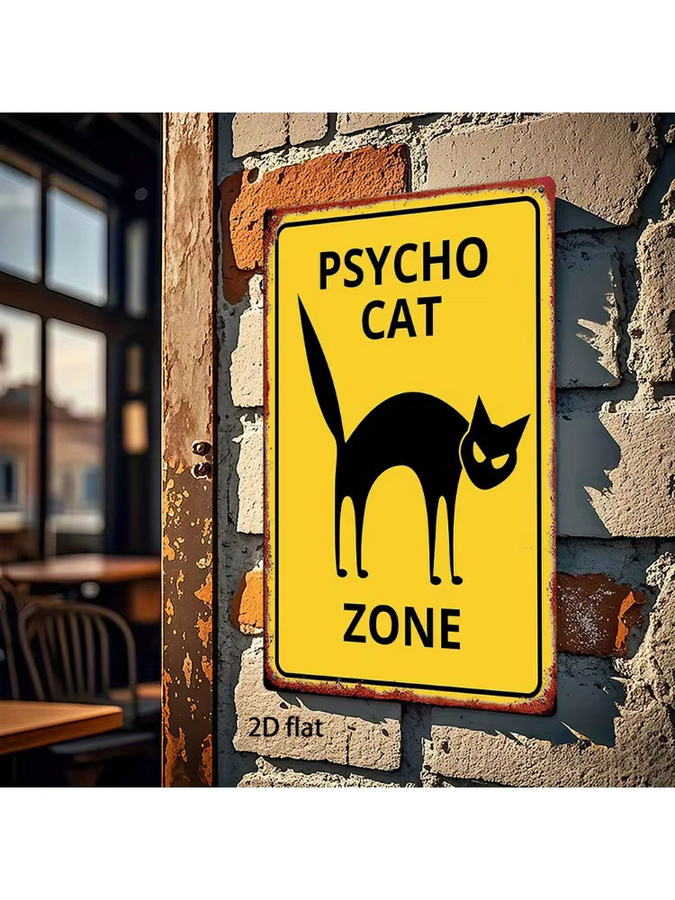 Zone Denmark Psycho Cat Zone Holzschild im Vintage Horror-Design, Gelb-Schwarz - Bild 7