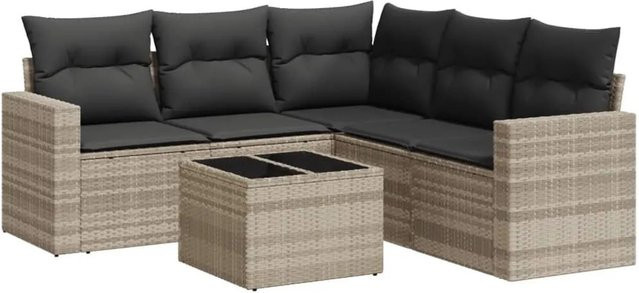 vidaXL 6-teilige Garten-Sofagarnitur in L-Form mit Kissen und Couchtisch, Hellgrau, Poly-Rattan mit Metallgestell - Bild 1