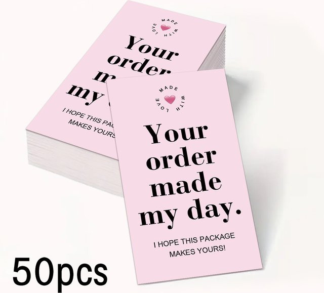 50 Stück Dankeskarten für dein Kleinunternehmen in Rosa mit der Aufschrift Your Order Made My Day - Bild 1