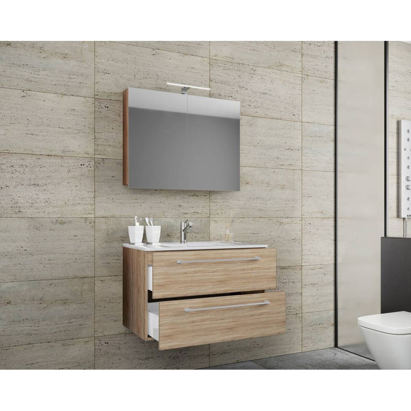 VCM 3-tlg. Badmöbel Set Badinos in Eiche, bestehend aus Waschbecken, Unterschrank mit zwei Schubladen und Spiegelschrank, Wandmontage, B/T/H: 80 x 46 x 50 cm - Bild 3