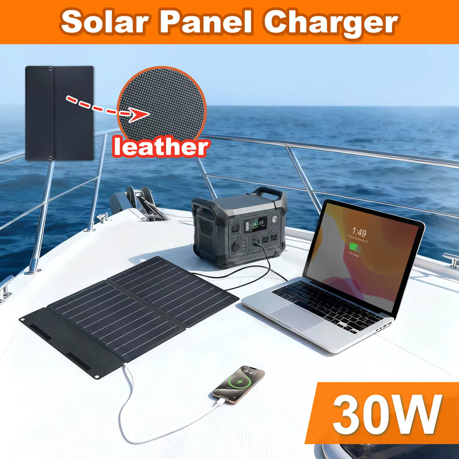 Leaorld 30W Solarpanel-Ladegerät 12V Batterieladegerät mit USB PD3.0 Schnellladefunktion und Clips in Schwarz - Bild 3