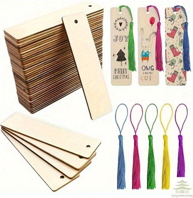 Holz-Lesezeichen mit Quasten in Braun als DIY-Bastelset für Hochzeiten und Partys - Bild 1