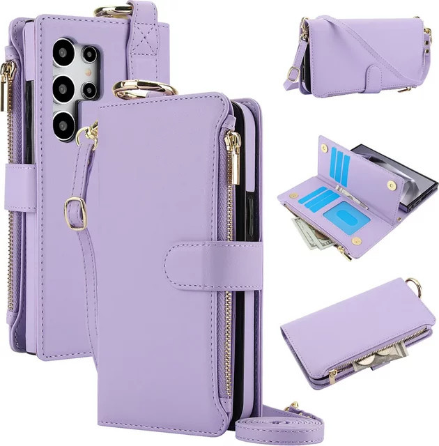 Crossbody Wallet Handyhülle für Samsung Galaxy S24 S23 S22 S21 FE Plus Ultra Note 20 A13 A14 A15 A52 A53 A54 A55 A72 A73 5G in Weiß und Lila - Bild 1