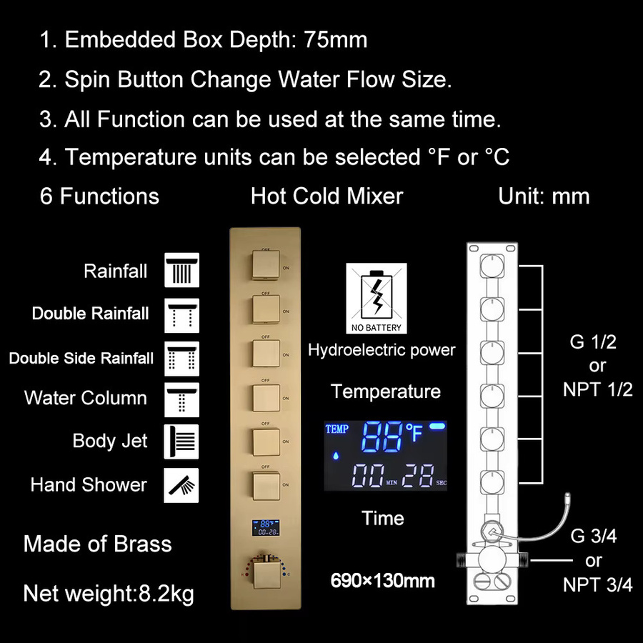 Boen Duschsystem mit LED-Duschkopf und Thermostatmischer in Gold aus Messing mit Massagefunktion und Handbrause - Bild 2
