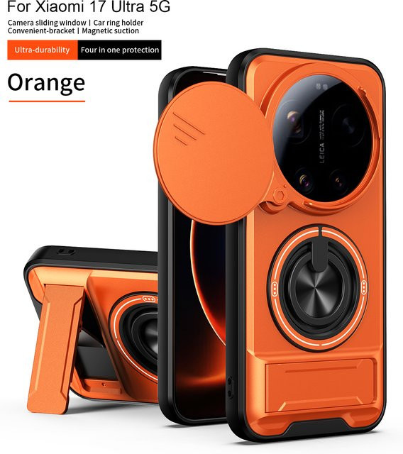Xiaomi 17 Ultra Handyhülle mit Magsafe Magnetischem Klapphalter und Kameraschutz in Schwarz und Orange - Bild 1