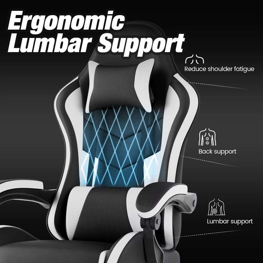 WOTSTA Ergonomischer Racing-Gaming-Stuhl aus Kunstleder mit Kopfstütze und Lendenwirbelstütze, verstellbarer drehbarer Bürostuhl in Schwarz-Weiß - Bild 3