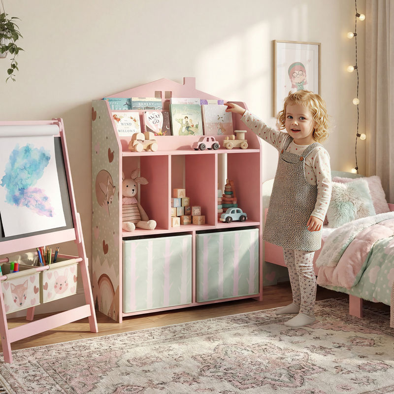 AIYAPLAY Kinderregal mit 2 Stoffschubladen und Fuchsmotiv in Rosa, Spielzeugregal und Bücherregal für das Kinderzimmer, B/T/H: 62,5 x 30 x 91,5 cm - Bild 2