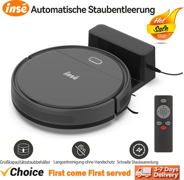 INSE 3-in-1 Roboter-Staubsauger mit Selbstreinigungsfunktion und abnehmbarem Wischmopp in Schwarz für Teppiche und Tierhaare - Bild 1