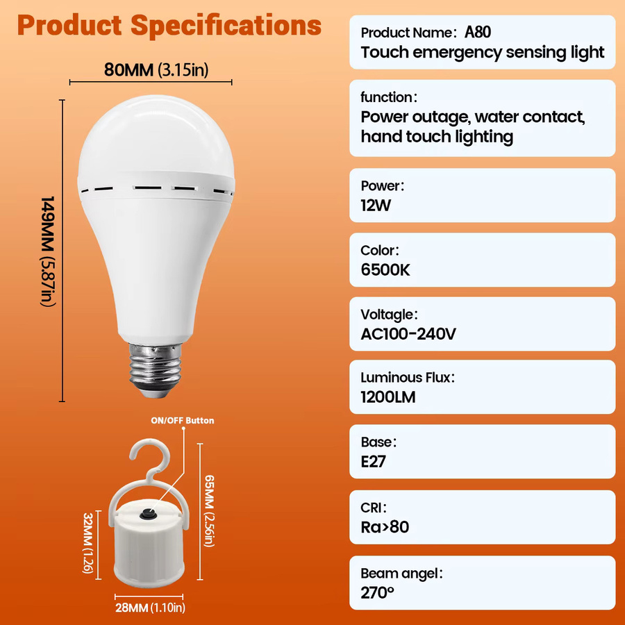 Gatetop E27 LED Notfalllampe 12W mit 1500mAh Akku, weißes Licht, wiederaufladbare Glühbirne für Zuhause und Outdoor - Bild 2