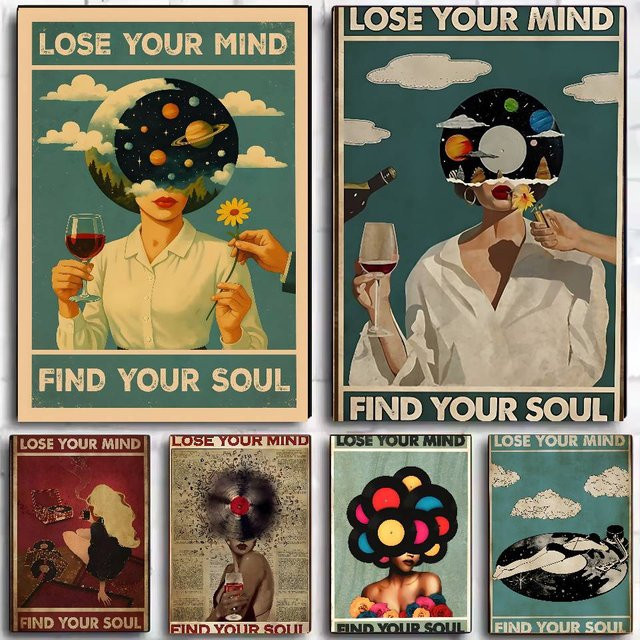 F-Flyhaw Vintage Poster Lose Your Mind Find Your Soul Selbstklebender Wandaufkleber Mehrfarbig B: 20 cm, H: 20 cm - Bild 1