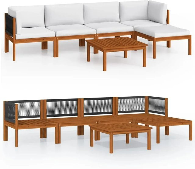 vidaXL 6-tlg Garten-Lounge-Set aus Akazienholz und Seil in U-Form mit Kissen, Beige/Weiß - Bild 1