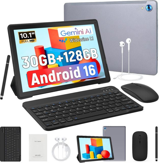 SHIXIU WU TRADE SAS Android 16 Tablet mit 10,1 Zoll Display, 30 GB RAM, 128 GB ROM und 1 TB Erweiterungsmöglichkeit, Grau - Bild 1