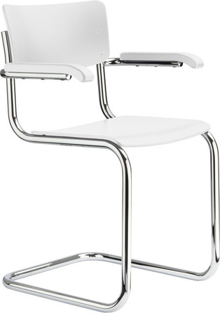 Thonet S 43 F Freischwinger mit Armlehnen in Weiß aus Formholz und verchromtem Stahlrohr