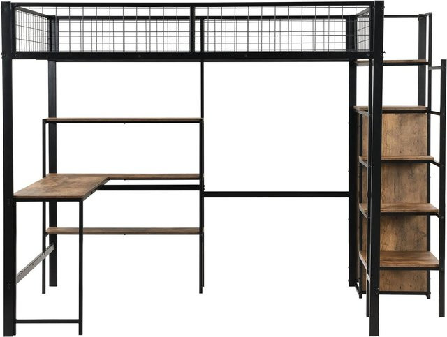 KOMHTOM Hochbett in Schwarz mit Schreibtisch, Einbauschrank und Regalen, modernes Eisenbett mit Leiter und Stauraum, B/T/H: 140 x 200 x 180 cm - Bild 1